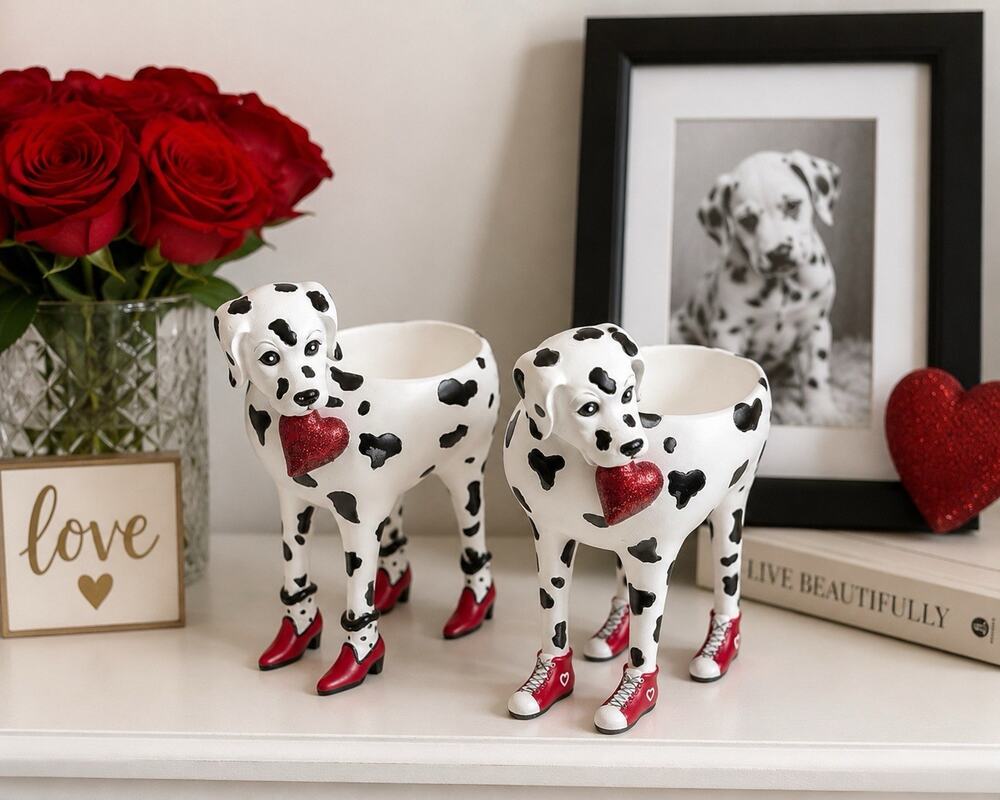 Pair Dalmatian Dog Planters Red Shoes Heart Valentine Trinket Holders 6”